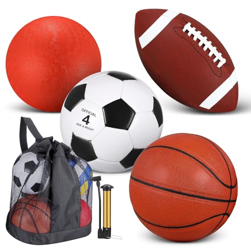 Deekin 4 Pcs Sport Balls Set for Kids Teens, Include Official Size Basketball Soccer Football Playground Ball and Pump Sports Equipment Bag Sports Gift(Normal Color) - color: Normal Color