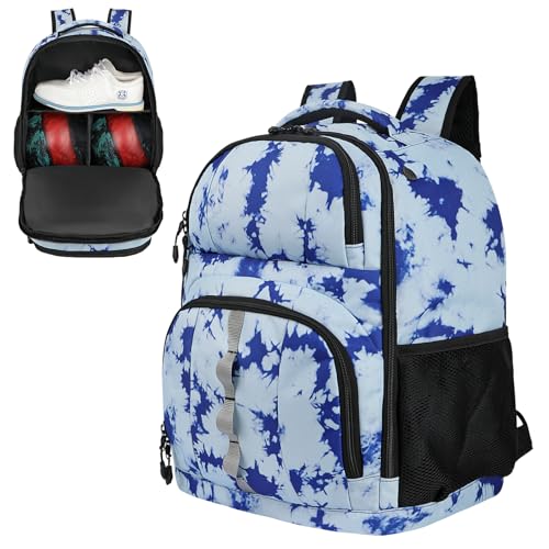 Goloni 2 Ball Bowling Backpack,Bowling Ball Bag with Shoe Compartment & Portective Foam Padded, Fits Shoes Up to US Size 16 - color: Blue Tie Dye