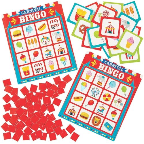 Fun Express Carnival Bingo Game Set - for 16 People - Include Game Boards, Call Out Sheets, Chips and Instructions - Party Games