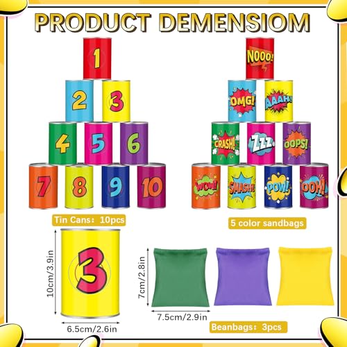 13 Pcs of Bean Bag Toss Game Carnival Knockdown Can Throwing Game Sets 10 Tin Cans with Letter or Number Pattern and 3 Bean Bag for Kids Holiday Easter Party Outdoor Lawn Yard Activity - style: Comic Style