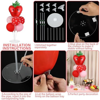 Strawberry Party Balloons Stand Kit 2 Sets with 2 Strawberries Foil Balloons Sweet Strawberry 1st Party Balloon Centerpieces for Tables for Girls Strawberries Birthday Themed Decorations - style: Strawberry