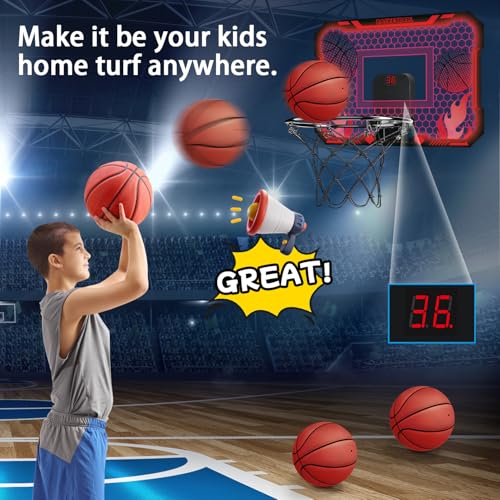 VROGTIK Indoor Basketball Hoop for Kids with Led Lights Mini Basketball Hoop with Remote Control Over The Door Basketball Hoops with Scoreboard Basketball Toys for 4-12 Year Old Boys Girls - style: Red with Lights