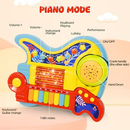 Toddler Guitar Toy 2-4 Years, 4-in-1 Kids Musical Toy with Piano & Projector, Light Up Music Instrument Toy for Toddlers, Learning Educational Toy Gift for 2 3 4 5 Year Old Girls Boys - color: Yellow
