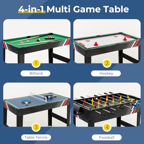 GYMAX 4 in 1 Multi Game Table, 49" Combo Game Table with Foosball Table, Pool Billiards, Air Hockey & Table Tennis for Teens Adults Family Game Room