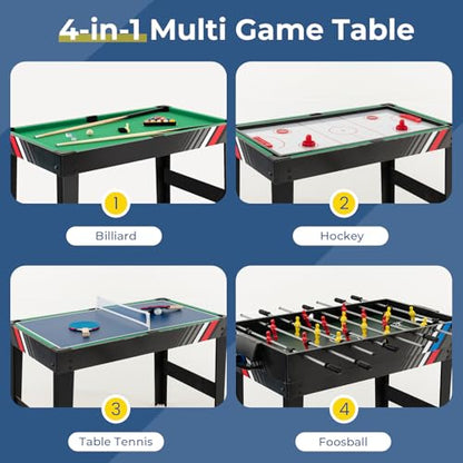GYMAX 4 in 1 Multi Game Table, 49" Combo Game Table with Foosball Table, Pool Billiards, Air Hockey & Table Tennis for Teens Adults Family Game Room