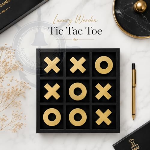 10" Large Elegant Premium Black Tic Tac Toe Board Game | Wooden Puzzle Game | Coffee Table Wooden Decor & Games | Lightweight Gold Plated Pieces