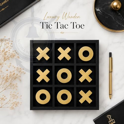 10" Large Elegant Premium Black Tic Tac Toe Board Game | Wooden Puzzle Game | Coffee Table Wooden Decor & Games | Lightweight Gold Plated Pieces