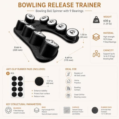Bowling Release Trainer, Bowling Ball Spinner with 9 Bearings, Bowling Ball Release Trainer for Hook and Rev Practice, Curved Base Bowling Equipment with Anti-Slip Pads & Velvet Bag - color: Black