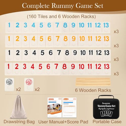 2-6 Players Rummy Game Gifts, Easter Gifts/Easter Basket Stuffers for Adults, Rummy Game W/ 6 Wooden Racks, 160 Melamine Tiles, Drawstring Bag, Portable Case, Family Games for Adults & Kids Age 8+ - style: 2-6 Players