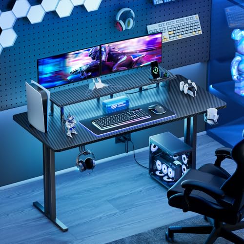 HLDIRECT 63 Inch Gaming Desk with LED Lights & Cable Management, Black | Ergonomic carbon fiber gaming computer desk with 5 sockets, monitor stand, cup holder, headphone hook & mouse pad for gamers - size: 63INCH