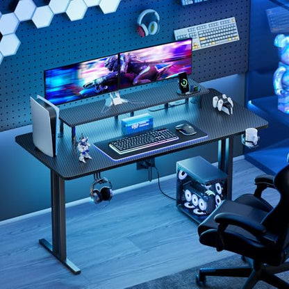 HLDIRECT 63 Inch Gaming Desk with LED Lights & Cable Management, Black | Ergonomic carbon fiber gaming computer desk with 5 sockets, monitor stand, cup holder, headphone hook & mouse pad for gamers - size: 63INCH