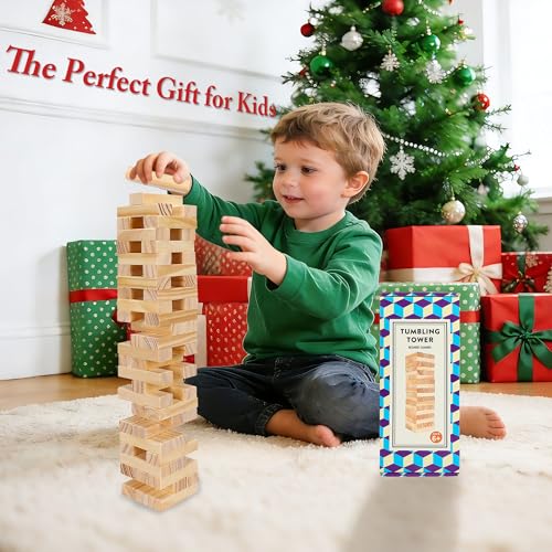 Offelec Wooden Blocks Stacking Games - 54 pcs Tumbling Tower Blocks Game for Kids & Adults, Family Board Games, Montessori Toys with Natural Wood Blocks, Portable Stacking Toys Party Games - style: Color Box