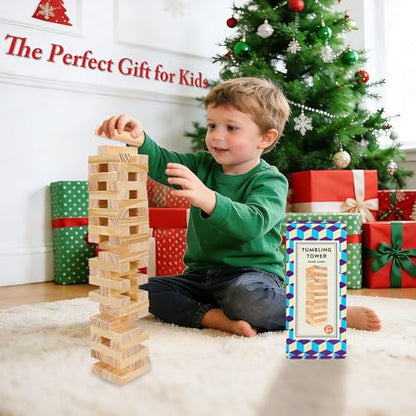 Offelec Wooden Blocks Stacking Games - 54 pcs Tumbling Tower Blocks Game for Kids & Adults, Family Board Games, Montessori Toys with Natural Wood Blocks, Portable Stacking Toys Party Games - style: Color Box