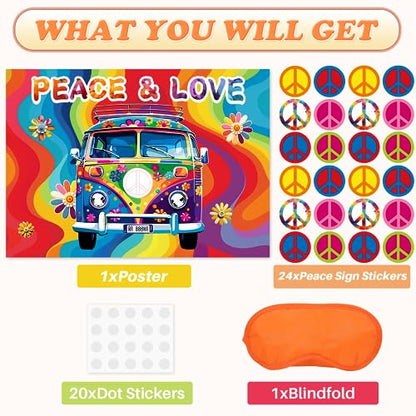 JOARHONAL Pin the Peace Sign on the Hippie Van - Hippie Groovy Party Games 20" x 28" Hippie Game Poster with 24 Reusable Stickers Groovy Birthday Party Favor Set - style: Groovy