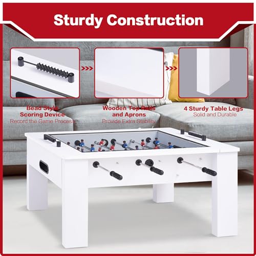 RAYKEEP Foosball Coffee Table, 2-in-1 Soccer Game Table and Coffee Table, Modern Multi Game Table with 2 Balls, Tempered Glass, for Living Room, Family Entertainment Center (White)