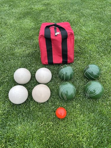 BuyBocceBalls Listing - Made in USA, Premium Quality Official Tournament Bocce Set - 110mm Dark Green and White Balls Nylon Bag; Regulation Size Balls 998 Grams (2 lbs. 3 oz.)