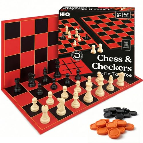 3-in-1 Chess, Checkers & Tic-Tac-Toe Game Set – Double-Sided Folding Board – Staunton Style Pieces & Interlocking Checkers – Classic Strategy Family Board Game for Kids & Adults - style: 3-in-1 Chess Checkers Tic-Tac-Toe Set