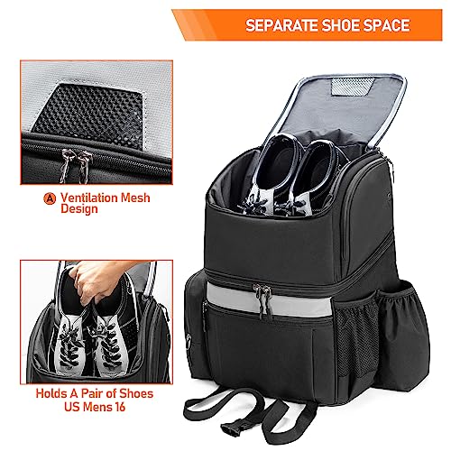 Goburos Bowling Backpack with Inner Tote Bag, Ball Bag with Wooden Holder and Shoe Compartment, Fits US Mens Size 16 Shoes, Black