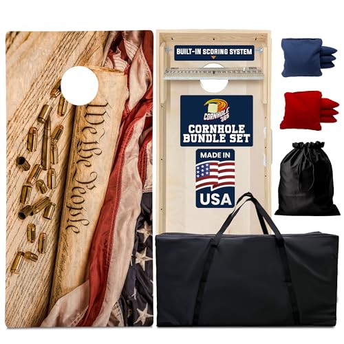 Cornhole365 Complete Cornhole Board Set - Includes Solid Wood Cornhole Board, 8 All-Weather Cornhole Bags, Portable Carrying Case & String Tote Bag Outdoor Game Bundle - color: We the People