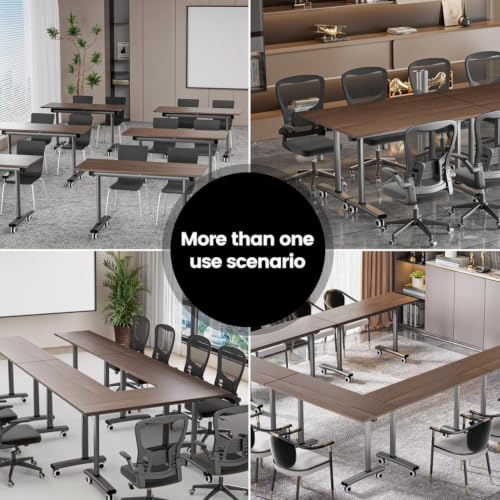 Folding Conference Table with Wheels, Mobile Flip-Top Training Table, Modular Space-Saving Meeting Table for Office, Classroom, Seminar, Library (10, Walnut, 55IN) - color: Walnut, size: 55IN