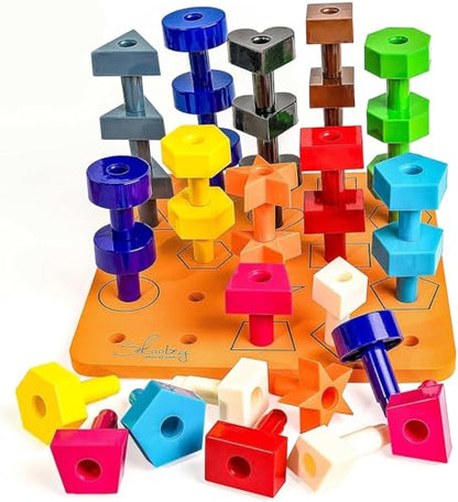 Skoolzy Peg Board Set - Montessori Toys for 2 Year Old - 38 Pc Plastic Peg Board for Kids with Shapes - Occupational Therapy Toys with Pegs, Dice, Lacing String & Storage Bag - style: Shapes Pegboard - 38pcs
