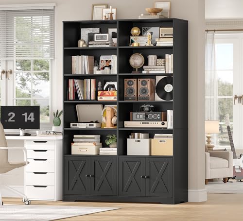 HIFIT 78" Tall Bookshelf Storage Cabinet with Barn Doors and Display Shelves, 5-Tier Bookshelves and Bookcases with 10 Open Cubes for Record Player, Tall Cabinet for Study, Office, Living Room, Black - color: Black