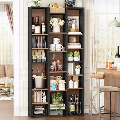 FOTOSOK 71'' Tall Bookshelf with 21 Cubes, 8 Tier Triple Wide Bookshelf with 8 Adjustable Shelves, 35" Large Bookcase DVD/CD Media Tower Storage, Freestanding Display Shelf Cabinet, Black/Brown - color: Black/Brown