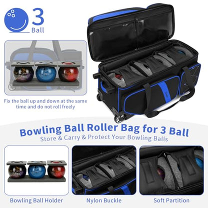 BOSSTIN 3 Ball Bowling Bags with Wheels, Secure Adhesive Fixed Ball Cup & Shoe Compartment, Bowling Ball Bag 3 Ball Roller with Multi-Pockets - color: Blue