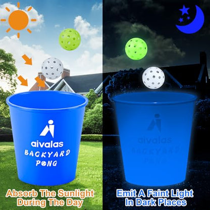 Aivalas Yard Pong Outdoor Games Glow Set in Dark, Giant Yard Pong Game for Adults and Family with 12 Buckets, 4 Balls and a Carrying Bag, Giant Pong for Beach, Camping, Lawn and Backyard - color: Green/Blue Glow in Dark