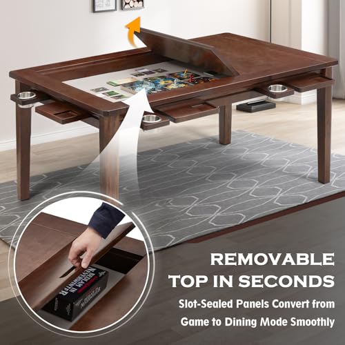 Haddockway 63" ×39“ Board Game Table with Removable Top, Solid Wood Dining/Gaming Table for 4-6 Players with Play Mat, 6 Detachable Cup Holders & 6 Hobby Trays (Warm Walnut) - color: Warm Walnut