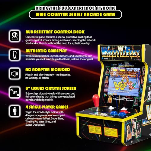Arcade Classics - WWE Counter Series Game Machine, 4 Games, 8" Liquid Crystal Screen - Mini Cabinet, Portable Gaming, Retro, Countertop Console, Basement Decoration, Man Cave - style: WWE Counter Series
