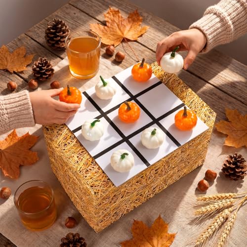 Blueweenly Halloween Tic Tac Toe Game Set with Cute 3D Pumpkin & Straw Box & Chess Board, Fall Decor Fun Coffee Table Decoration, Indoor Home Decor for Party Gift