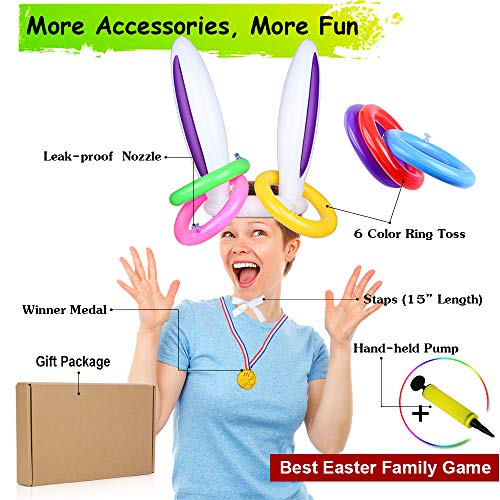 Hoshin 2 Set Inflatable Bunny Ears Ring Toss Game (2 Rabbit-Ear Hats with 12 Ring Toss, 1 Medal and 1 Hand-held Pump) - Great Family Easter Party Games
