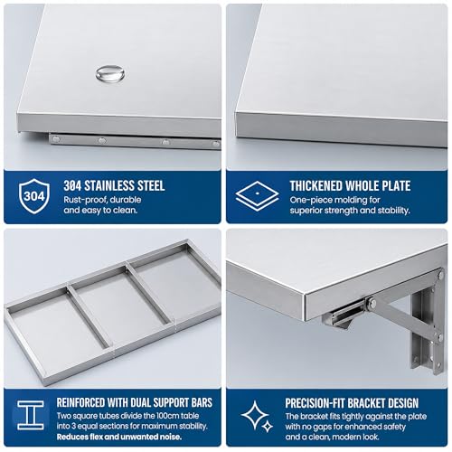 Wall Mounted Folding Table,304 Stainless Steel Wall Folding Desk,Floating Table for wall,Laundry Room Folding Table,Home Bars and Dining Establishments(100x50cm /39.4"x19.7")
