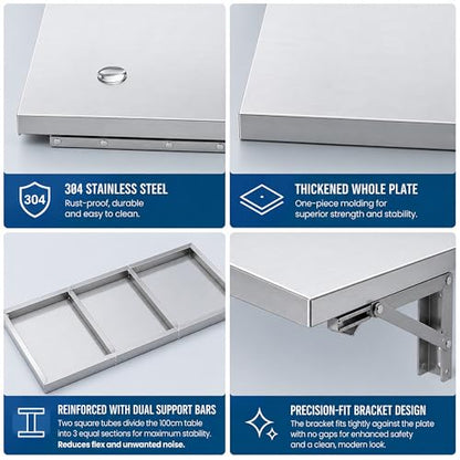 Wall Mounted Folding Table,304 Stainless Steel Wall Folding Desk,Floating Table for wall,Laundry Room Folding Table,Home Bars and Dining Establishments(100x50cm /39.4"x19.7")