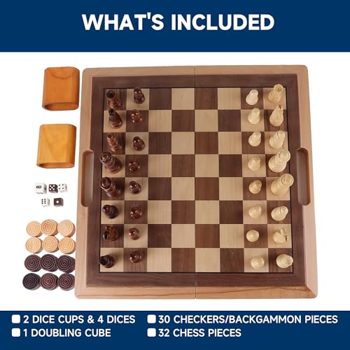 GSE Games & Sports Expert 16" Deluxe 3-in-1 Wooden Folding Chess, Checker & Backgammon Board Game Combo Set, Portable Travel Game Set for Kids & Adults