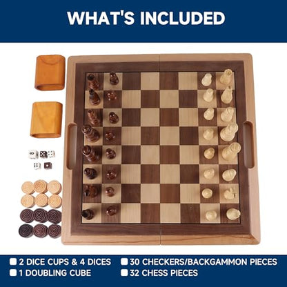 GSE Games & Sports Expert 16" Deluxe 3-in-1 Wooden Folding Chess, Checker & Backgammon Board Game Combo Set, Portable Travel Game Set for Kids & Adults
