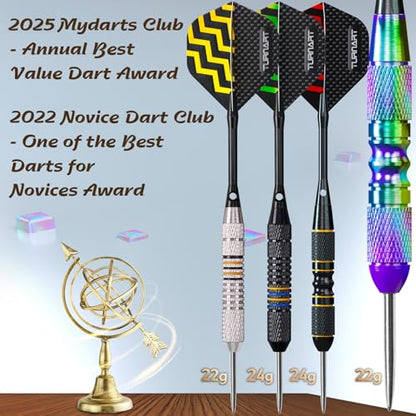 Turnart Darts Metal Tip Set - Steel Tip Darts Darts Set Professional Metal Darts 12 pcs 22/24 Grams Pro Dart Set with Stylish Case Aluminum Shafts Extra 9 Flights - color: Purple / Black
