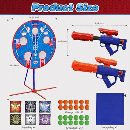 Spider Shooting Games Toys for Kids, Outdoor Indoor Yard Party Game with Rotating Target, 2 Air Blasters & 24 Foam Balls, 2-in-1 Bean Bag Toss Game for Boys Girls Ages 4 5 6 7 8 9 10+ Birthday Gift