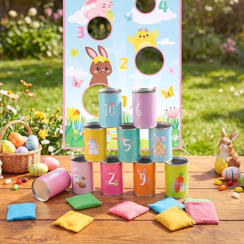 Hollowfly 19 Pcs Easter Can Bean Bag Toss Games Bunny Toss Cornhole Festive Party Throwing Easter Carnival Game Set for Family Outdoor Gatherings Birthdays Party Activities