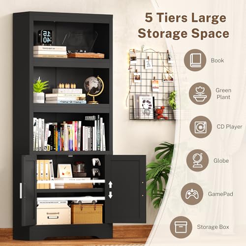 Book Shelf and Bookcase with Doors, 5-Tier Display Storage Cabinet with Adjustable Shelves, Open Compartments, Remote Control LED Lights, Tall cabinet for Bathroom Kitchen Living Room, Home Office - color: Black-01
