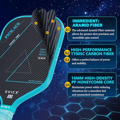 Carbon Fiber Pickleball Paddle 16mm – Professional Pickleball Paddles with Superior Control, Power & Spin – Extended Handle for Two-Handed Grip, USAPA Approved - color: Teal Green