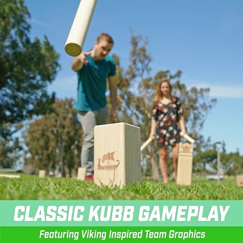 GoSports Kubb Yard Game Set - Choose Regulation or Backyard - Kuub Viking Chess Outdoor Game - style: Regulation Size