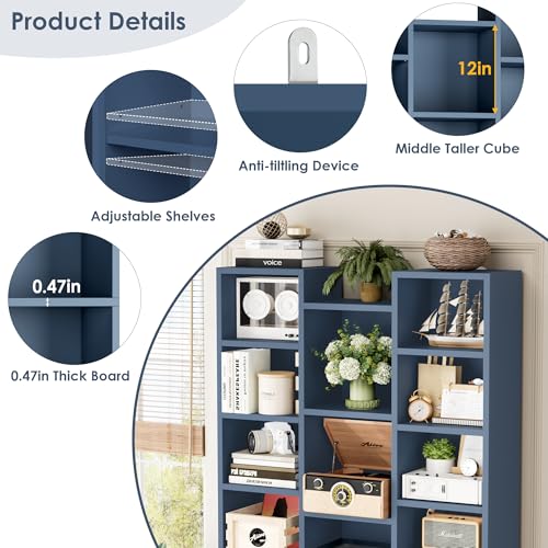 FOTOSOK 71'' Tall Bookshelf with 21 Cubes, 8 Tier Triple Wide Bookshelf with 8 Adjustable Shelves, 35" Large Bookcase DVD/CD Media Tower Storage, Freestanding Display Shelf Cabinet, Blue - color: Blue