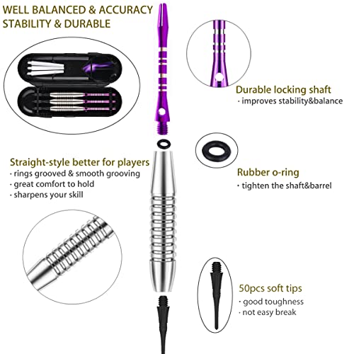 Darts Plastic Tip Set - 18g 21g Colorful Rainbow Soft Tip Darts 50 Anti-Loose O-Rings 6 Shaft (Aluminum/Nylon 45mm) 6 Durable Flights Extra 50 Soft Tips Electronic Dartboard - color: Purple-02-DARTB