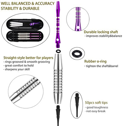 Darts Plastic Tip Set - 18g 21g Colorful Rainbow Soft Tip Darts 50 Anti-Loose O-Rings 6 Shaft (Aluminum/Nylon 45mm) 6 Durable Flights Extra 50 Soft Tips Electronic Dartboard - color: Purple-02-DARTB