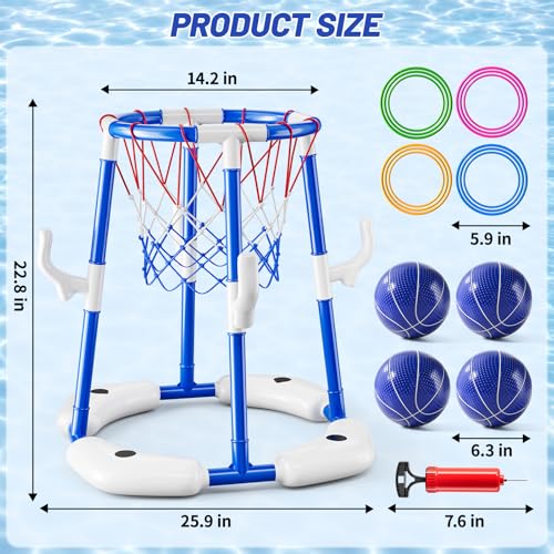 JUKUDAHU Pool Basketball Hoop, Boy Pool Toys for Kids Ages 4-8, 2-in-1 Floating Pool Ring Game with 4 Balls and Pump, Outdoor Swimming Water Play Toy, Summer Water Toys for Kids Adults Age 3-12 - color: Blue