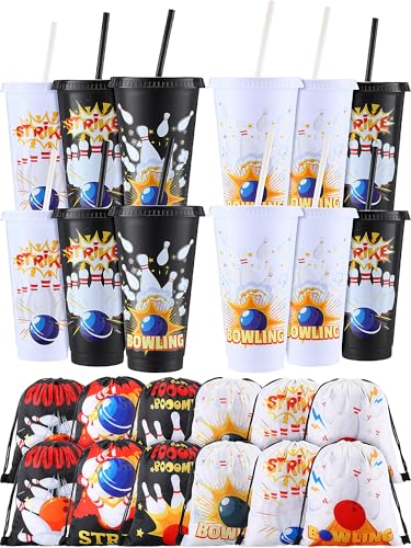 24 Pcs Bowling Party Favors Bowling Party Plastic Cups Bowling Party Drawstring Backpack Bag 24 oz Bowling Tumbler Bowling Party Favor Bags for Bowling Birthday Team Party Supplies Gifts