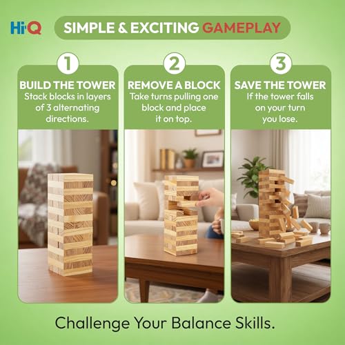 Tumbling Tower Blocks - 48 Piece Wooden Stacking Toy, Classic Balance Tower Game - Stack Tower Game for Kids & Adults, Family Party Fun Block Stacking Game Ages 6+ - color: Wood