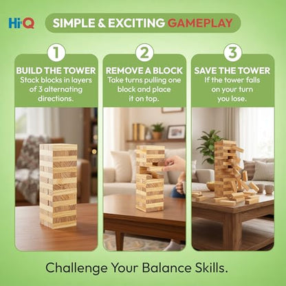 Tumbling Tower Blocks - 48 Piece Wooden Stacking Toy, Classic Balance Tower Game - Stack Tower Game for Kids & Adults, Family Party Fun Block Stacking Game Ages 6+ - color: Wood